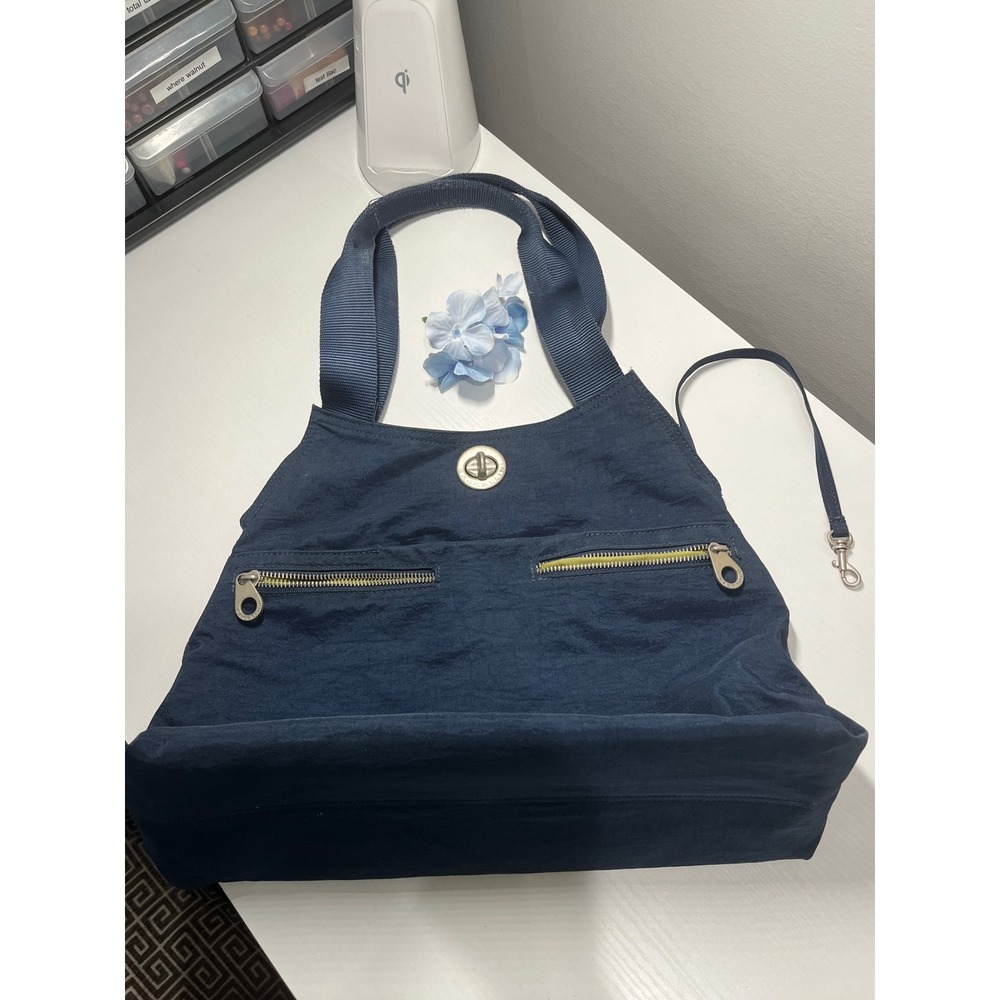 Baggallini Navy Blue Nylon Hobo Shoulder Bag Turn Lock Lime Green Lining